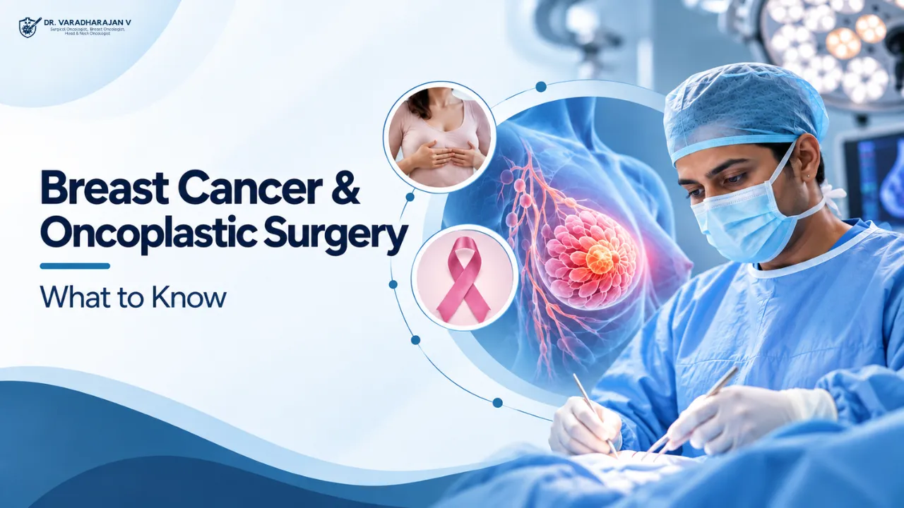 Breast cancer and oncoplastic surgery illustration beside a consulting surgeon