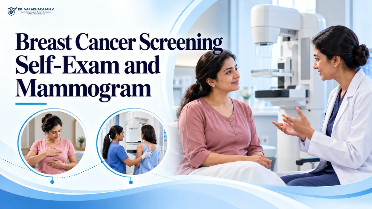 Woman beside a radiographer at a mammography machine in a diagnostic centre