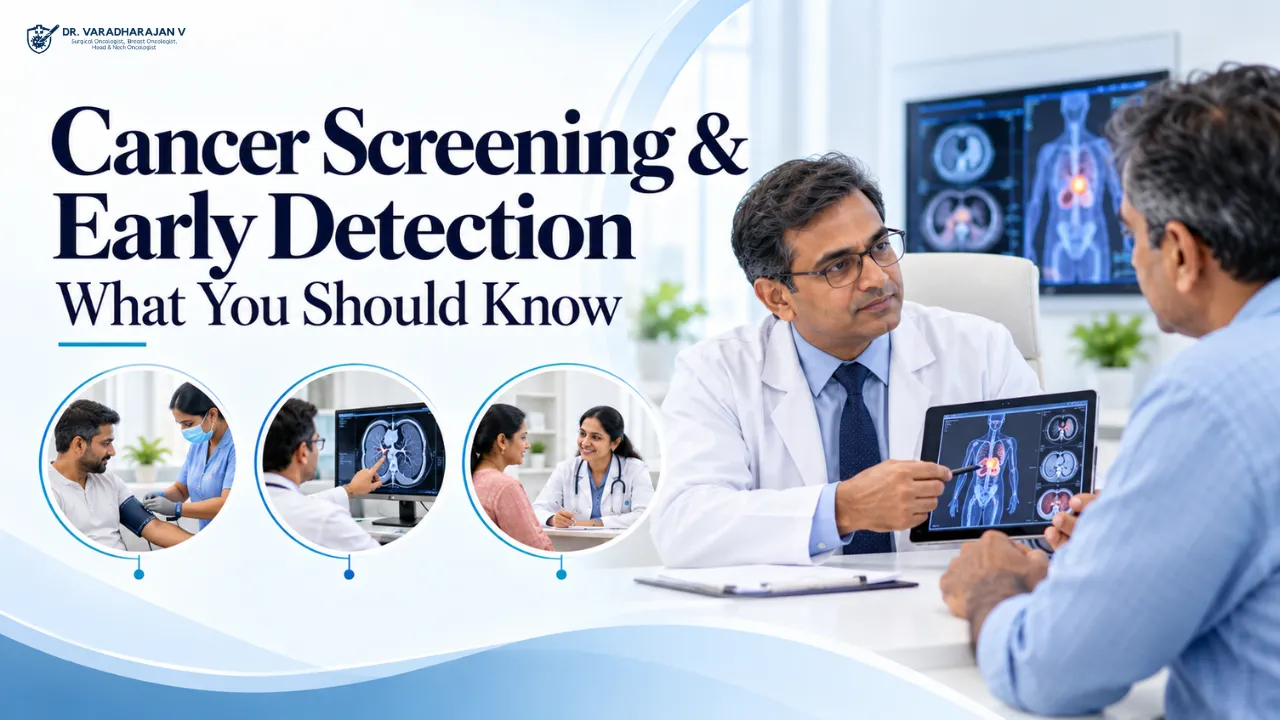 Cancer screening illustration with a doctor reviewing test results