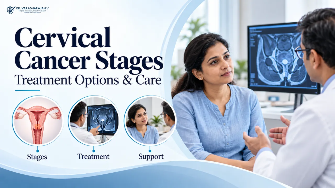 Gynecologic oncologist explaining cervical cancer stages on a scan