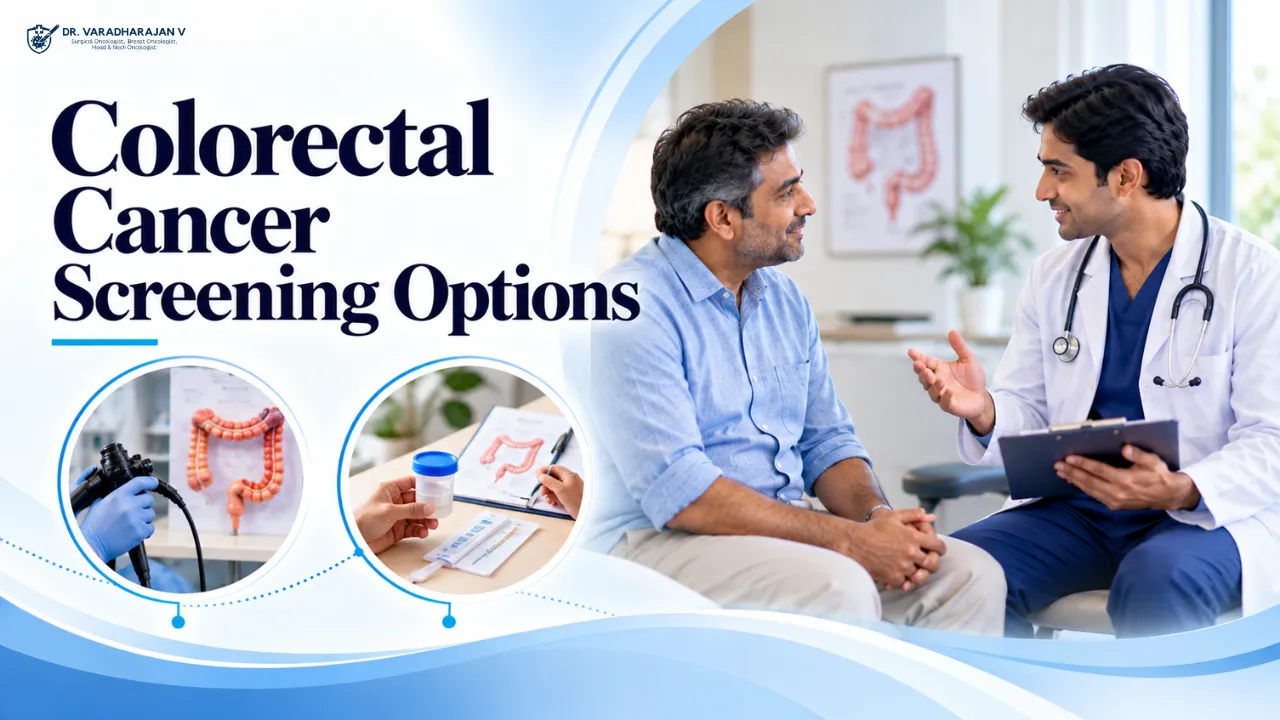 Couple reading a colorectal screening leaflet in a clinic waiting area