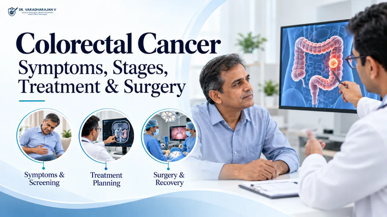 Colon and rectum illustration beside a surgeon planning colorectal surgery