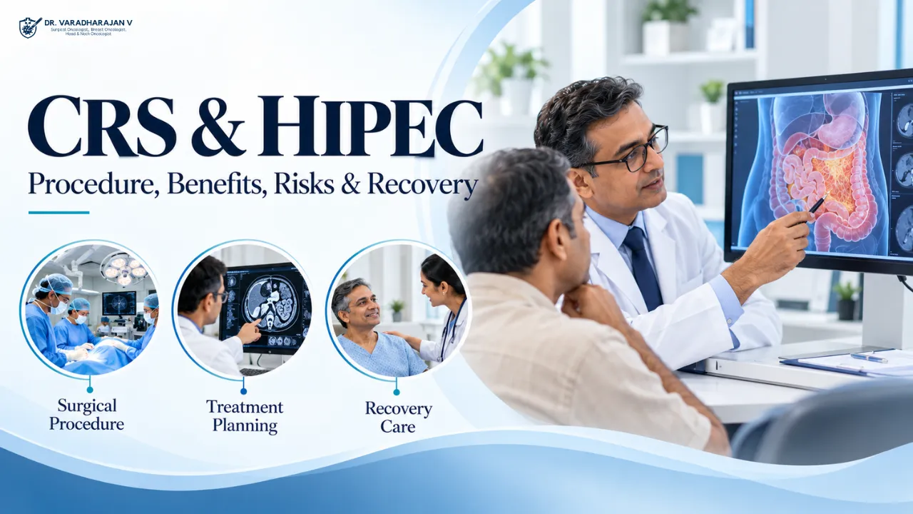 Surgeon explaining CRS and HIPEC treatment on an abdominal scan display
