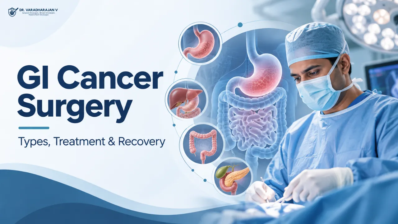 Illustration of digestive organs beside a surgeon in an operating theatre