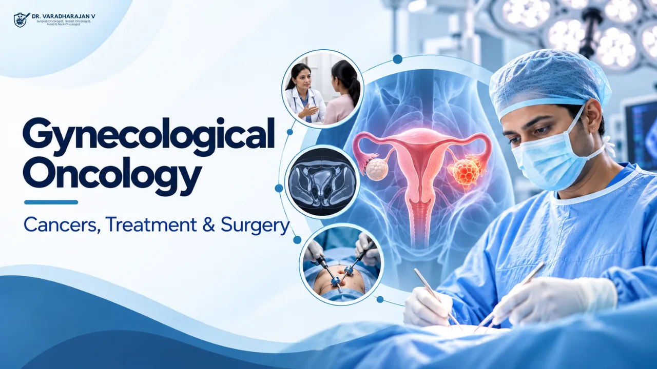 Gynecological oncology illustration with a specialist reviewing pelvic anatomy