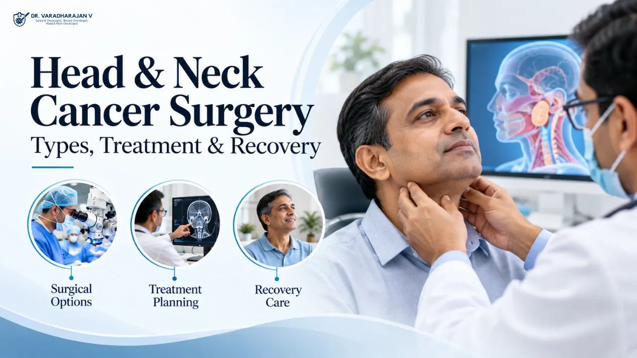 Head and neck anatomy illustration beside a surgical oncologist in scrubs