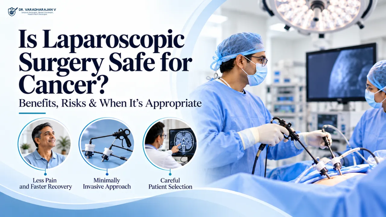 Surgeon answering patient questions beside a laparoscopic instrument model