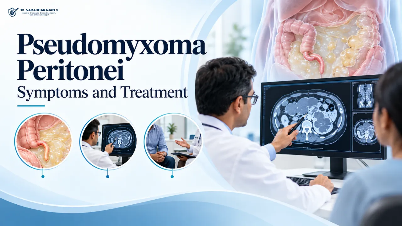 Woman listening to a surgeon explain pseudomyxoma peritonei treatment