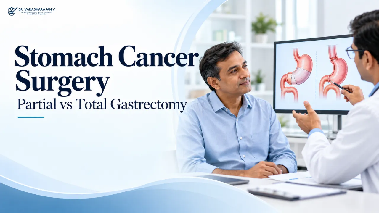 Surgical oncologist reviewing a stomach CT scan with a patient