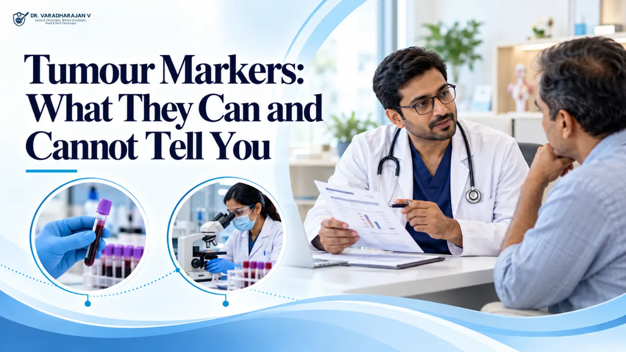 Doctor reviewing a blood test report showing tumour marker values