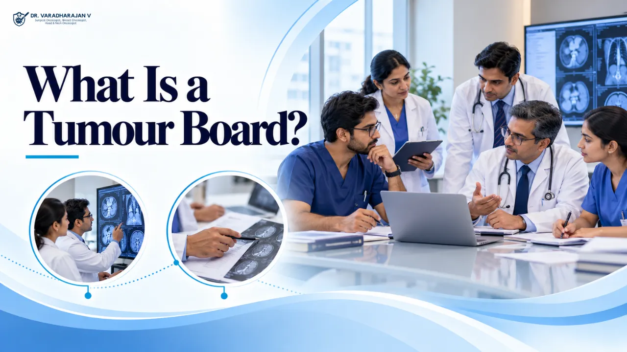 Multidisciplinary tumour board reviewing scans around a conference table