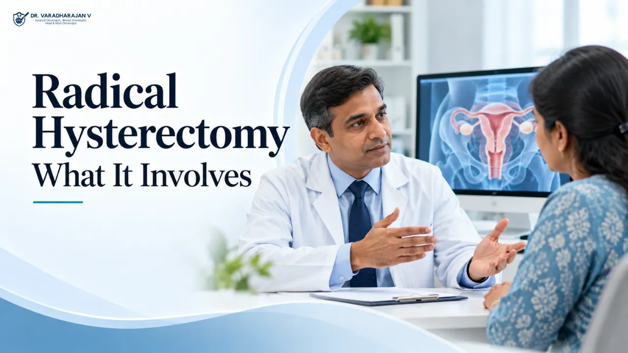 Surgeon explaining radical hysterectomy on a pelvic anatomy model